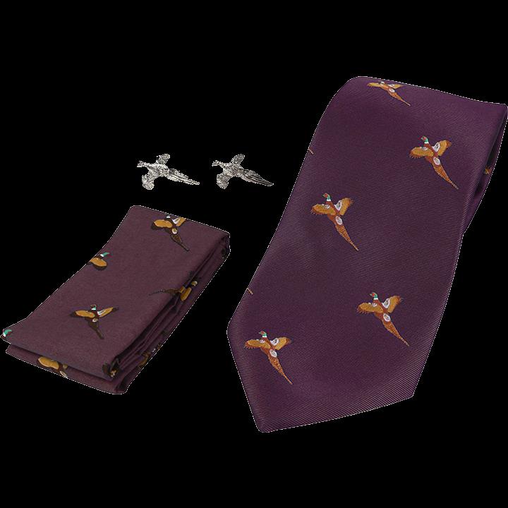 Thatch Pheasant Tie, Hanky, and Cufflink Set in Jack Pyke Gift Box, featuring a pheasant pattern for elegant menswear accessories.