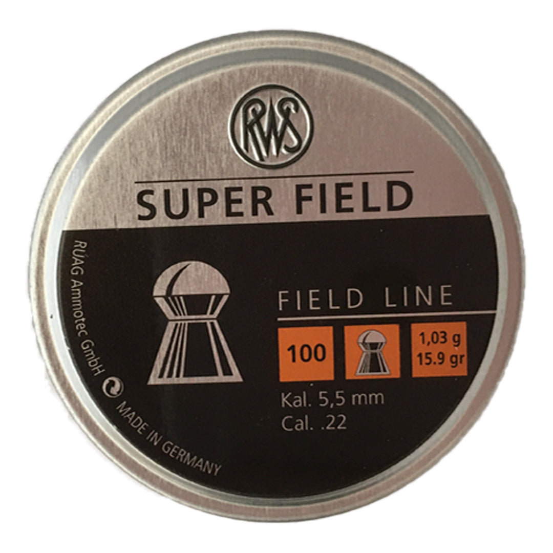 Box of 100 A1 Decoy Ltd Superfield Pellets for .22 caliber air rifles, shown in a clear image.