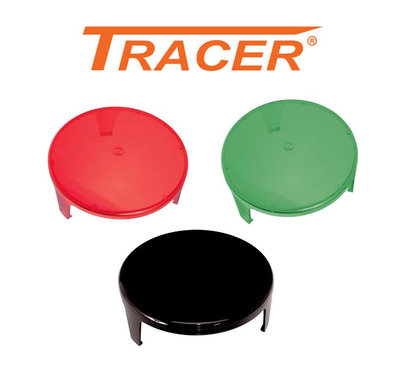 Green Tracer lamp filters, 140mm diameter, designed for Tracer lighting fixtures, with a smooth, translucent surface.