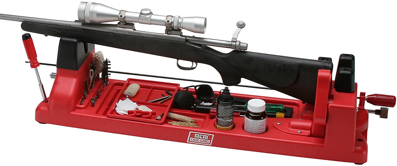 Rothery MTM gun vice holding a firearm securely, with adjustable clamps and sturdy metal construction for firearm maintenance.