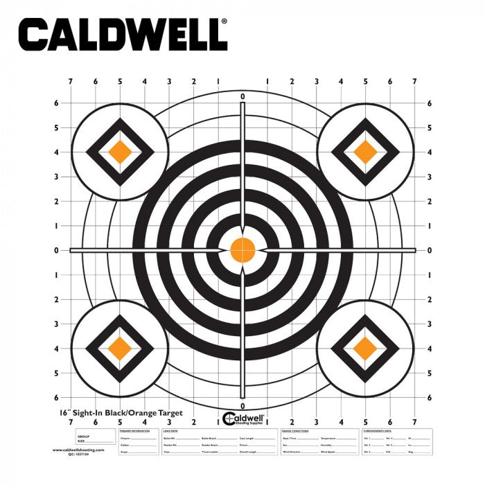 Sportsman Caldwell sight-in target, 16-inch black and orange, pack of 10 for firearm sighting and accuracy practice.