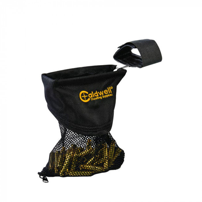 Sportsperson Caldwell AR-15 brass catcher attached to rifle for capturing ejected shell casings during shooting sessions.