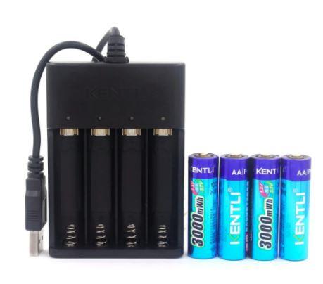 AliExpress AA rechargeable batteries with charger, showing the batteries and charging device on a white background.