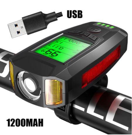 Black electric bike light and speedometer from AliExpress, showing digital display and mounting hardware on a sleek black bike component.