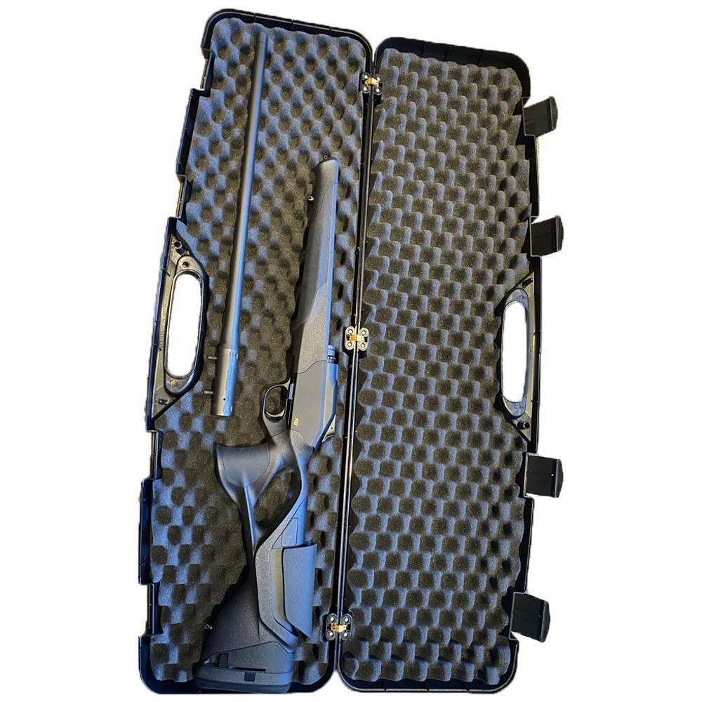 Range shotgun and breakdown rifle hard case with black exterior and sturdy handle for secure firearm storage and transport.