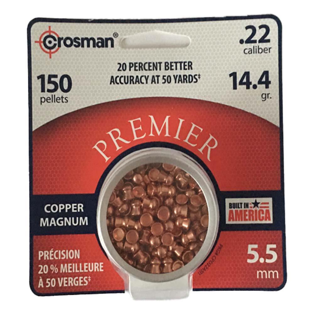 Crosman Premier Copper Domed .22 caliber air rifle pellets in a box, designed for target shooting and hunting.