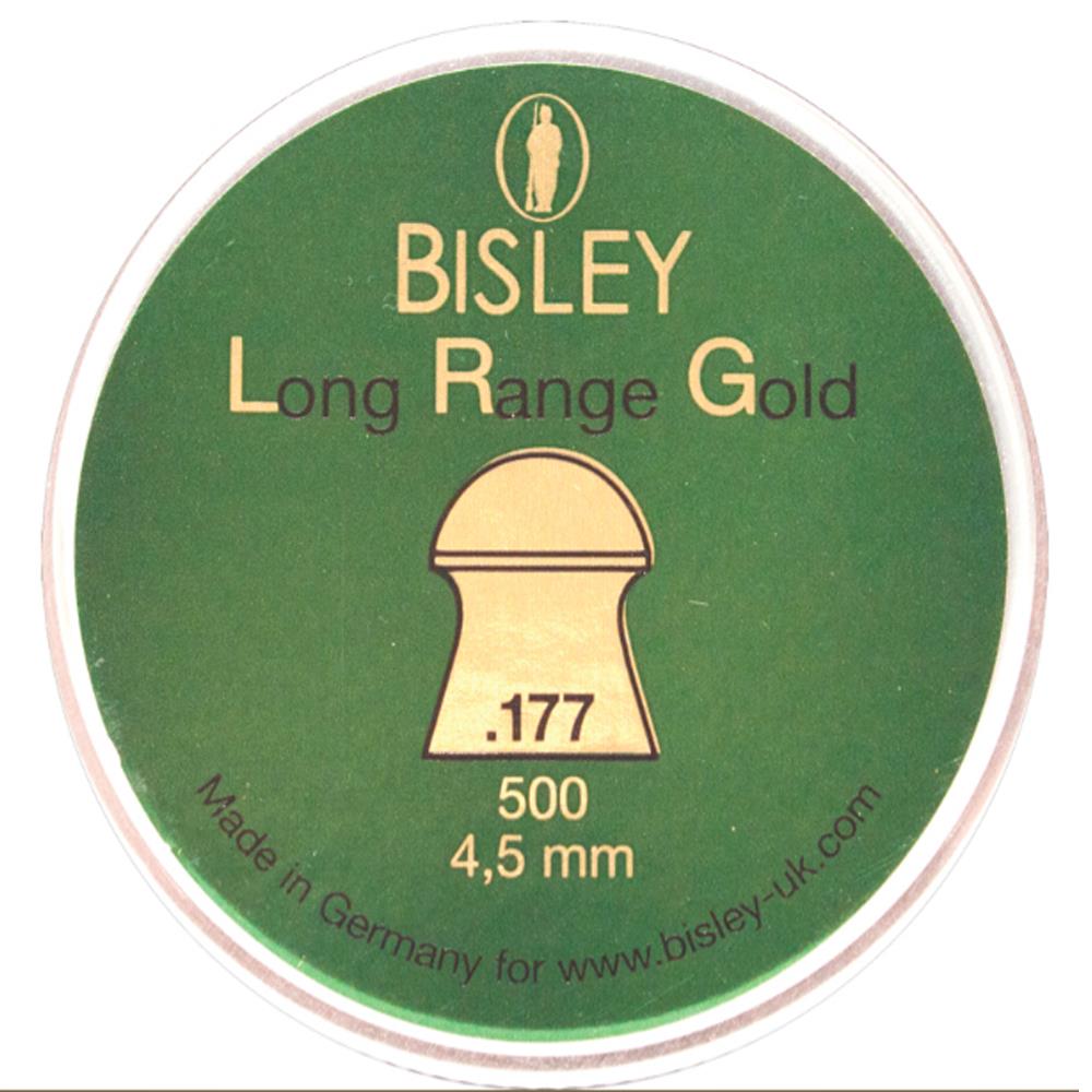 Rothery BISLEY .177 long-range gold pellets for air rifles, shown in a box with 500 pellets for precision shooting.