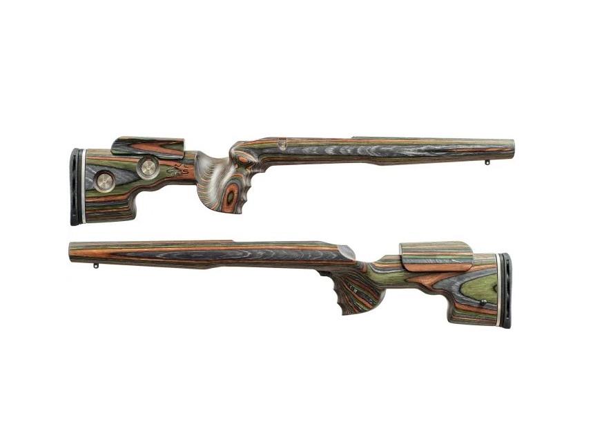 Highland GRS Sporter Standard Action rifle with Green Mountain Camo finish on Blaser R8 chassis, showcasing the camo pattern and rifle details.