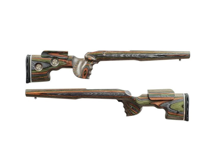 HIGHLAND GRS Sporter Standard Action rifle with Green Mountain camo finish and Blaser R8 stock, detailed close-up image.