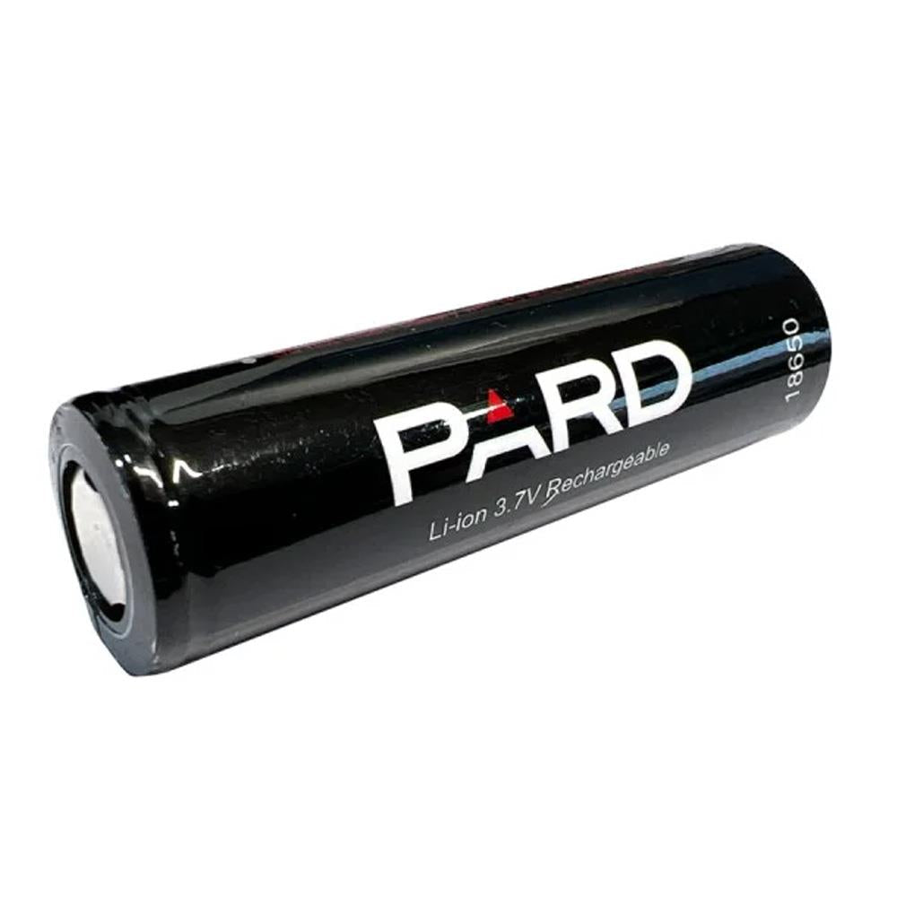 PARD 18650 battery with 3200mAh capacity, showing silver cylindrical lithium-ion rechargeable battery with PARD branding.