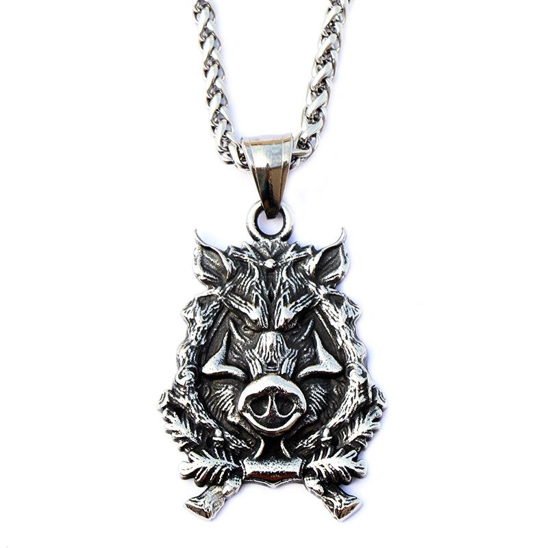 Wild boar pendant on chain, silver-toned jewelry featuring a detailed wild boar design, crafted by AliExpress.