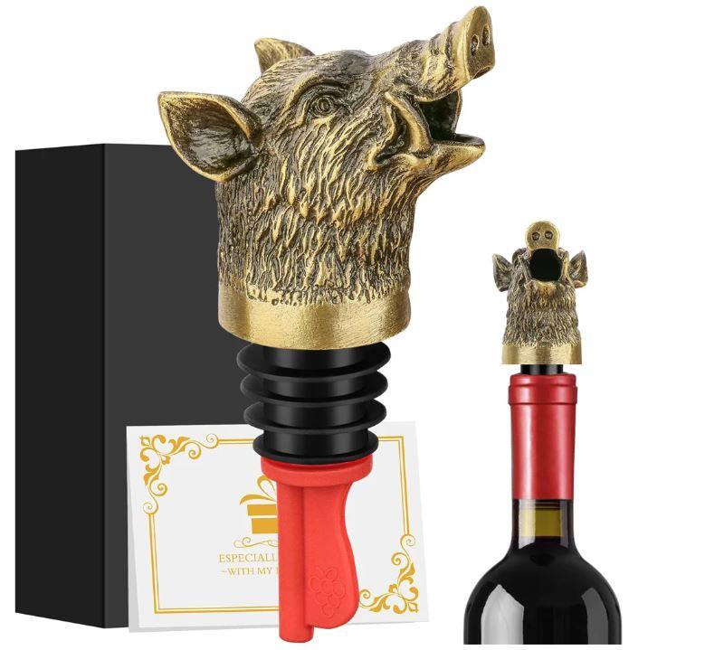 Wild boar head wine pourer and stopper from ALIEXPRESS, featuring a detailed animal head design for wine bottle sealing and pouring.