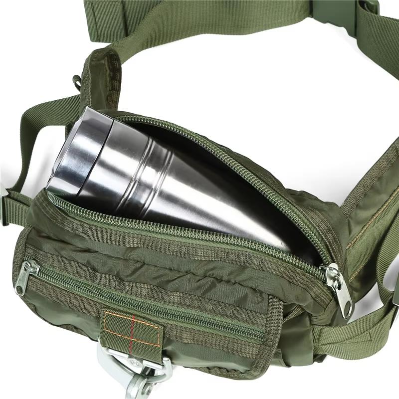 Black tactical waist pack fanny pack with multiple compartments and adjustable strap, designed for outdoor and tactical use.