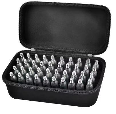 CO2 storage case holding 40 Umarex CO2 capsules, compact and durable for airgun or paintball use.