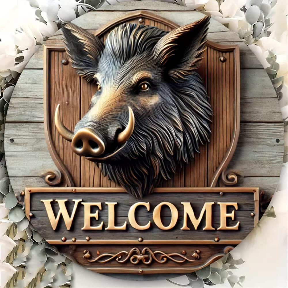 Round metal sign featuring a boar welcome design by A1 DECOY LTD, suitable for rustic or farmhouse decor.