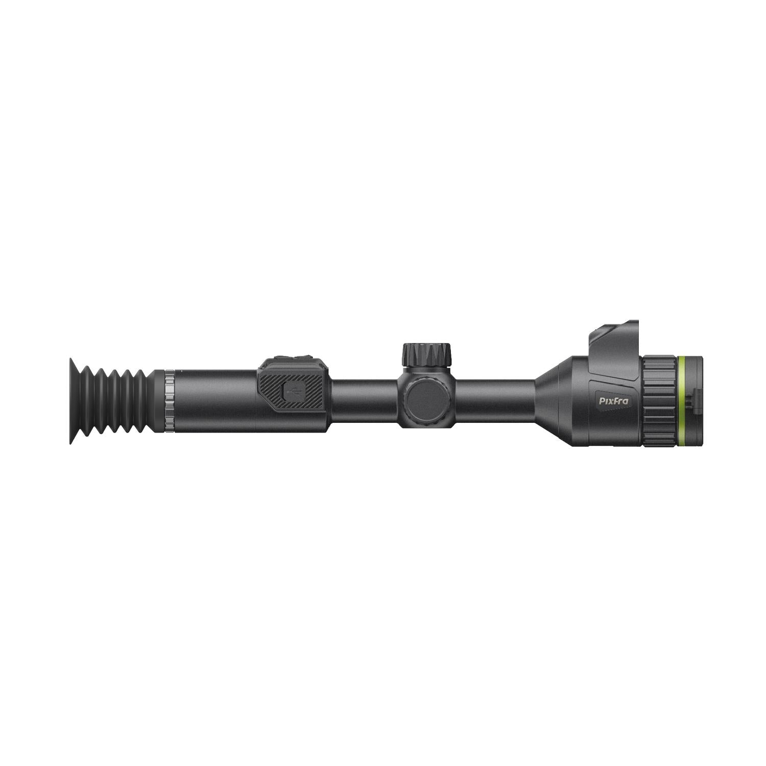 TJACKS Pixfra Volans V850 LRF 4K night vision rifle scope mounted on a firearm, with digital display and adjustable zoom.