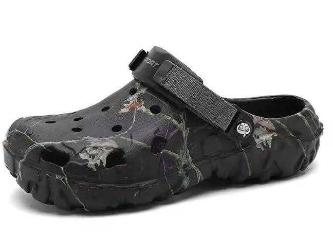 Camo Crocs in UK size 10 from ALIEXPRESS, featuring a camouflage pattern and casual slip-on style.