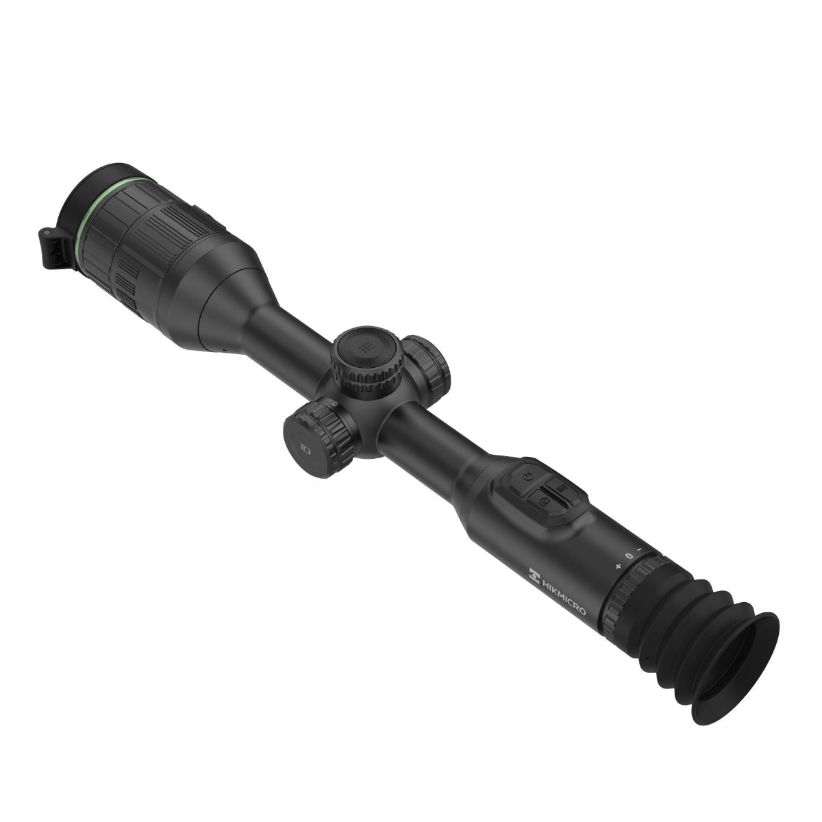 HIKMICRO Alpex A50E 4K digital day/night rifle scope with free mount, shown mounted on a firearm for outdoor hunting or surveillance.