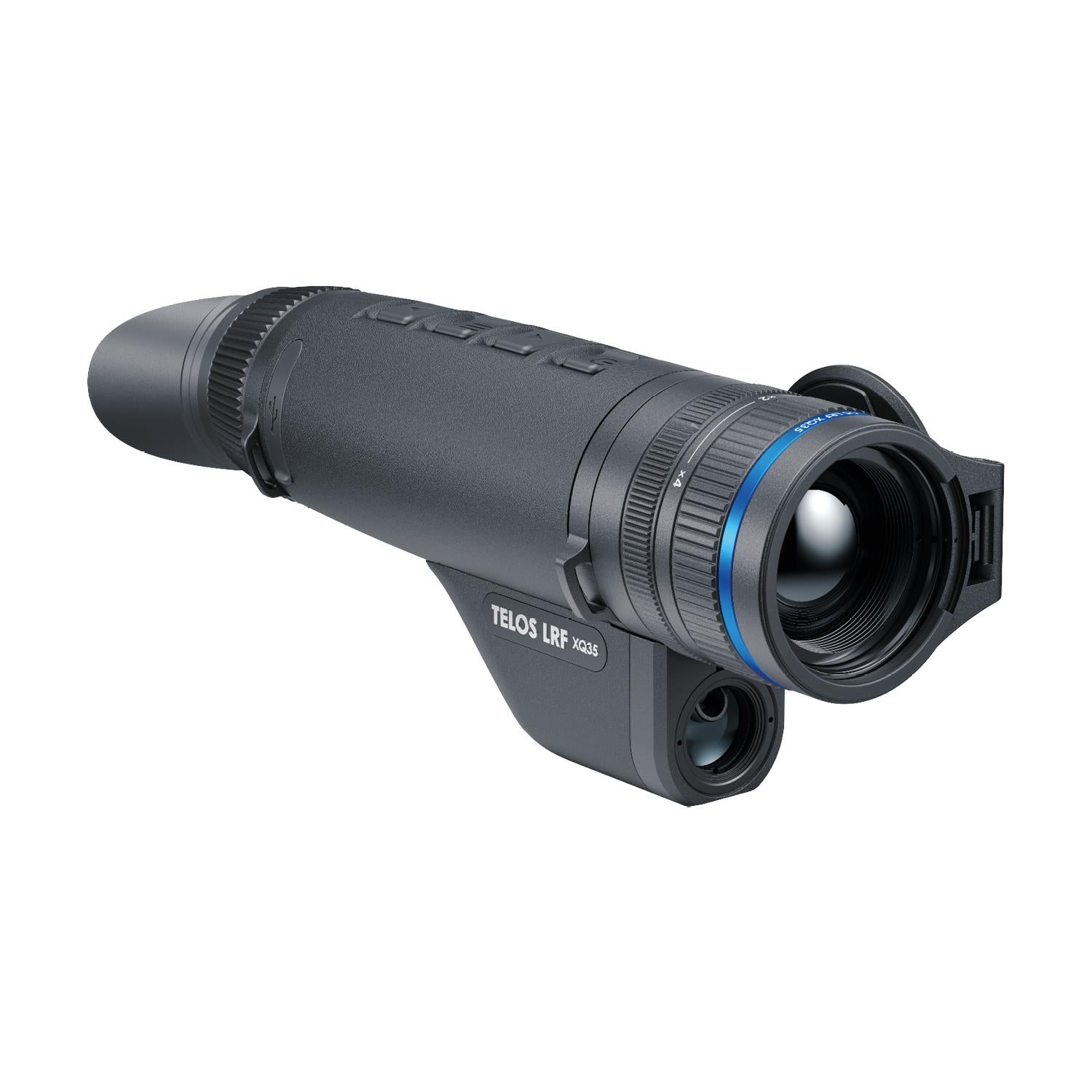 Pulsar Telos XQ35 LRF thermal monocular with 384x288 sensor and laser rangefinder, detects objects up to 1300 meters.