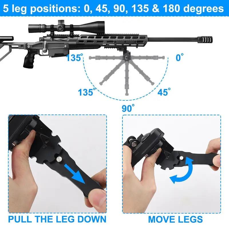 Adjustable tactical bipod with Picatinny rail and quick detach flat mount, accessory for firearm stability and precision shooting.