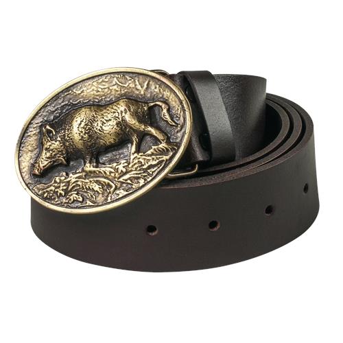 Leather belt with a wild boar buckle, stylish clothing accessory featuring a detailed animal design.