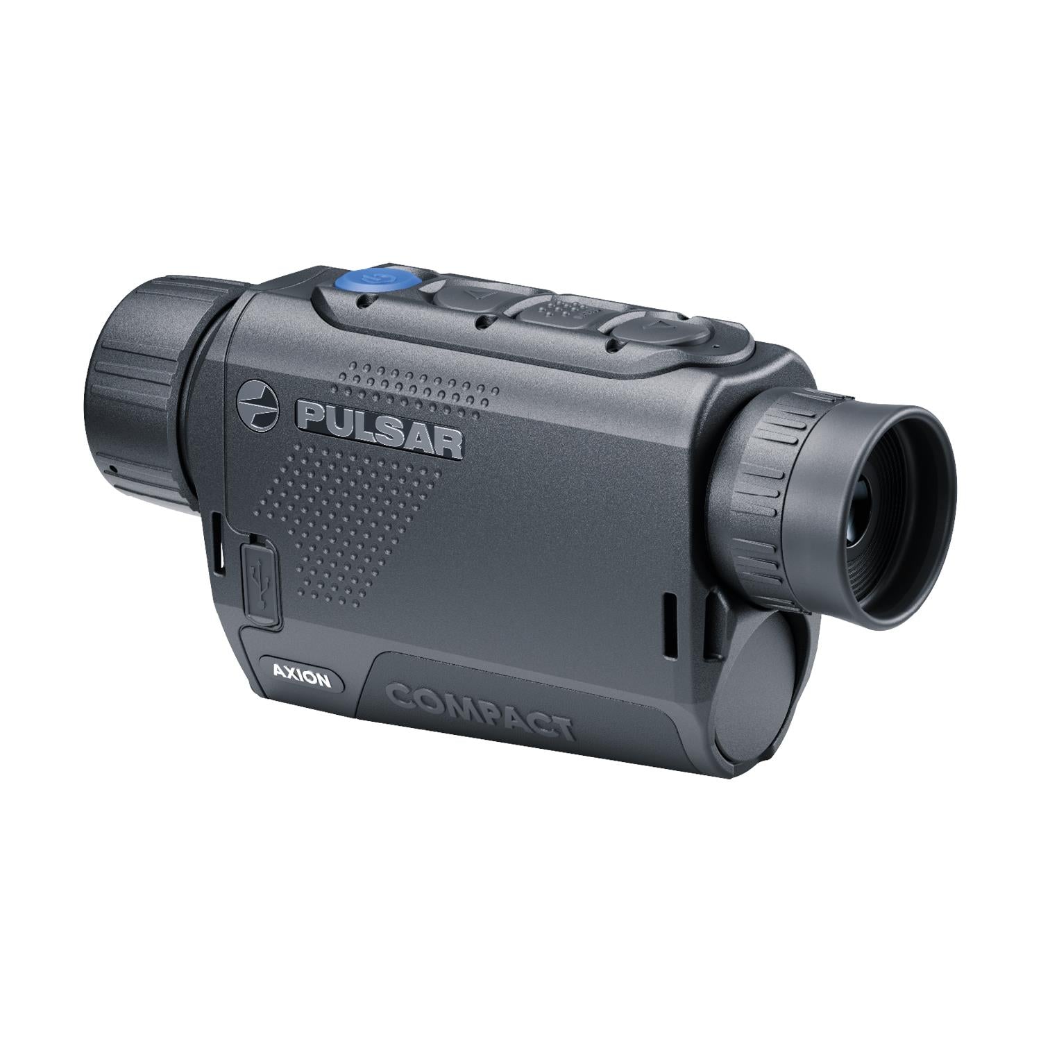 Pulsar Axion Compact Thermal Monocular XG30 by TJACKS showing compact thermal spotter with lens and control buttons.