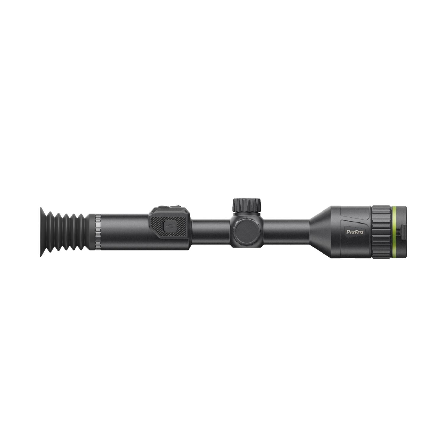 TJACKS Pixfra Volans V850 4K night vision rifle scope showing detailed lens and scope design for enhanced low-light visibility.