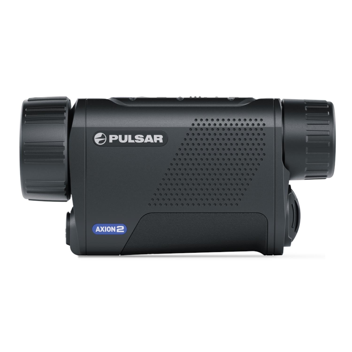 TJACKS Pulsar Axion 2 XQ35 Pro night vision scope mounted on a rifle, showing the lens and control adjustments.
