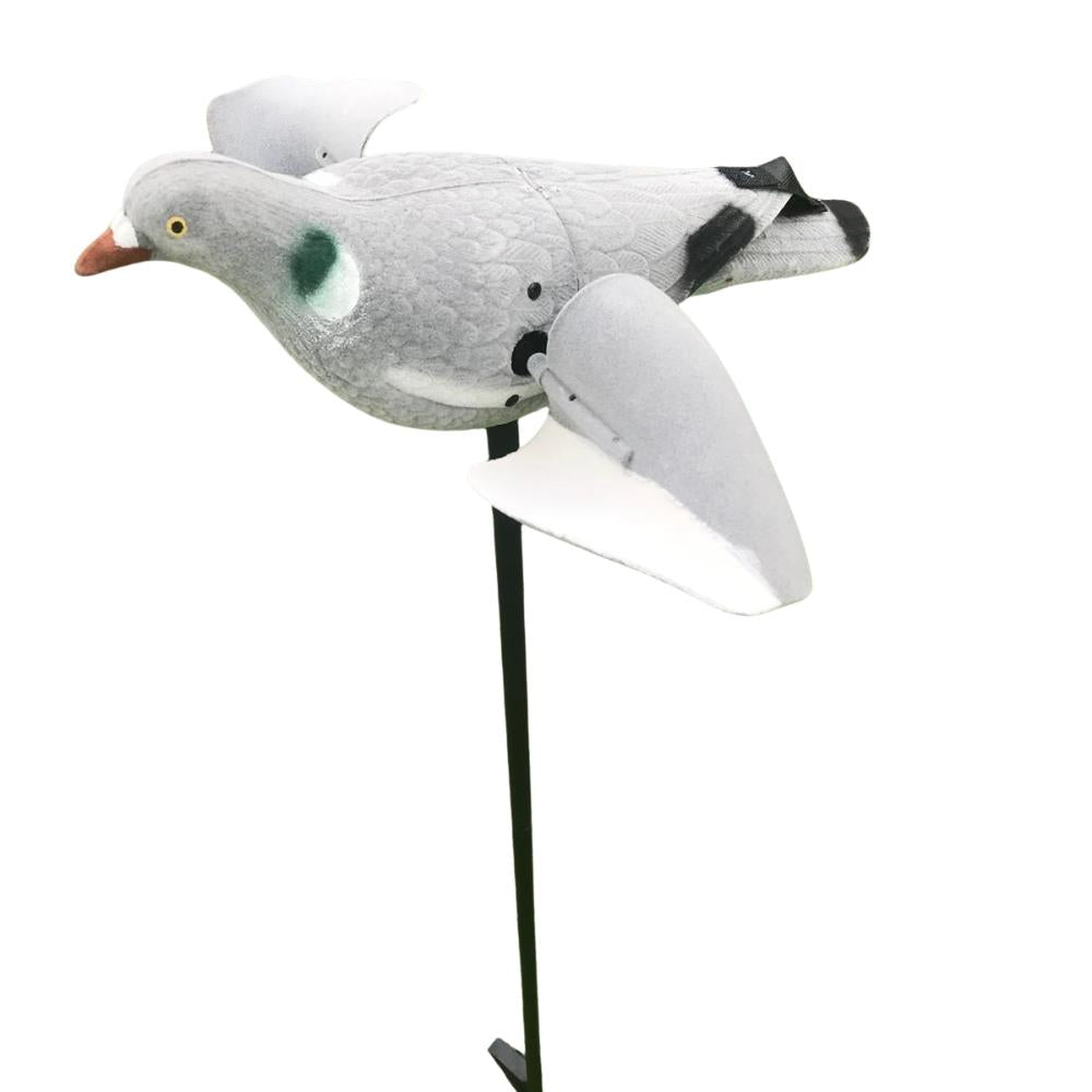 Gray motorised pigeon decoy on a stand with a white background