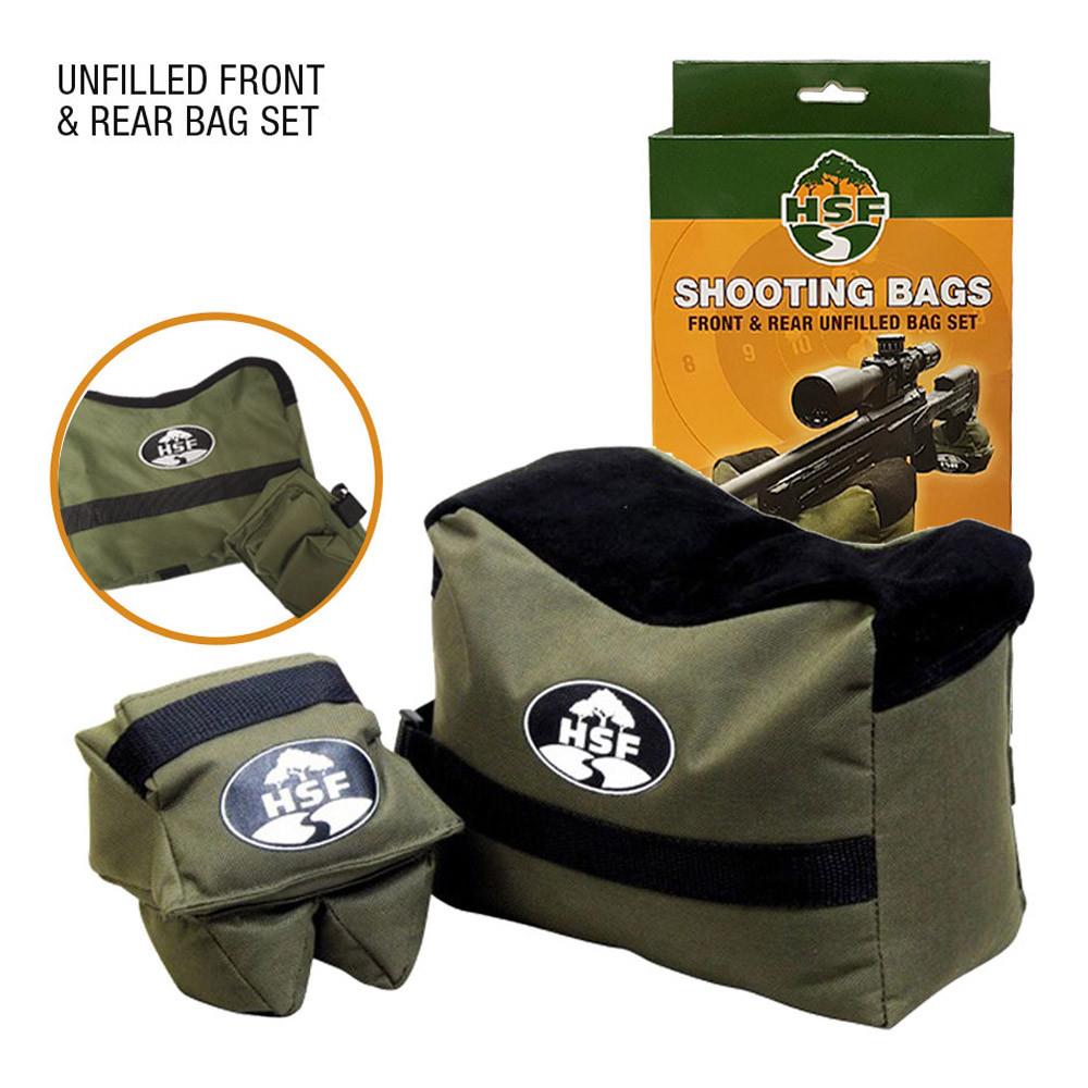 Unfilled green SPORTSMAN HSF shooting bag for rifles, shown from the front and rear, used as a stable shooting rest.
