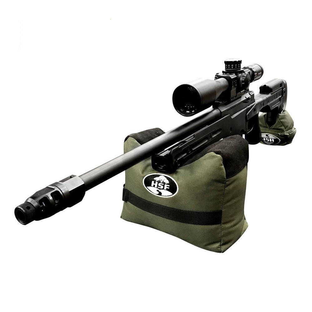 Unfilled green SPORTSMAN HSF shooting bag for rifle rests shown from front and rear, ideal for stable shooting support.