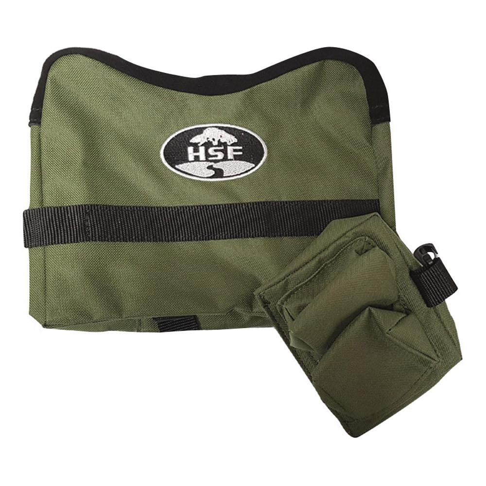 Unfilled green SPORTSMAN shooting bag for rifles, shown from front and rear, used as a stable rifle rest or bipod support.