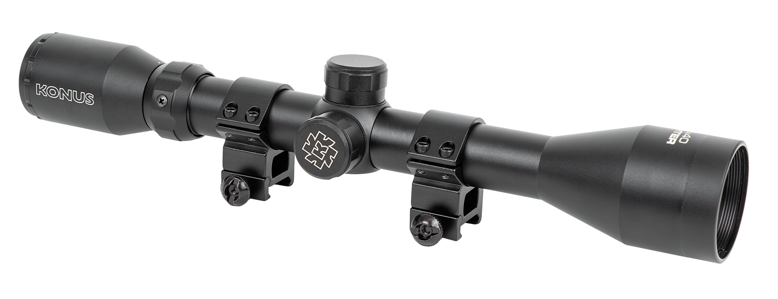 Konus Fighter 3-9x40 rifle scope with adjustable eyepiece and scope tubes, mounted on a firearm for precision shooting.