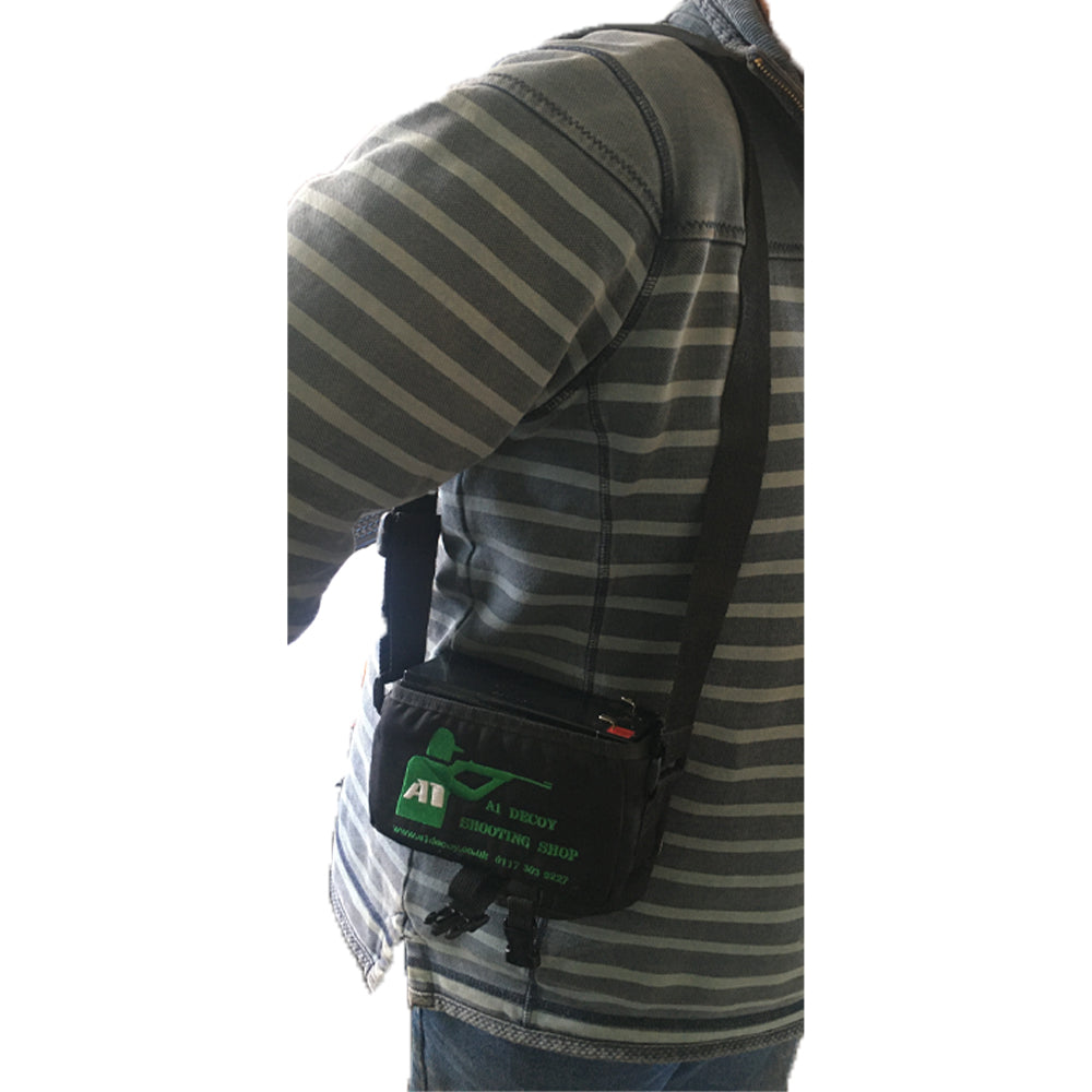 Monica 7/8Ah batteries in a black battery bag, compact and portable for safe storage and transport.