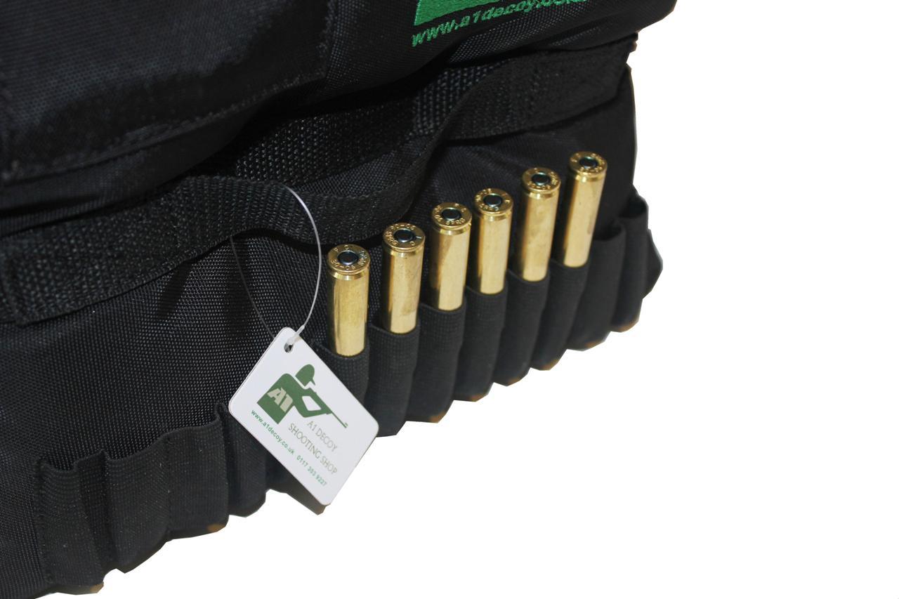 A1 Mega Rifle Rest Bag by Monica, black tactical rifle rest with adjustable straps and padded support for stability during shooting.