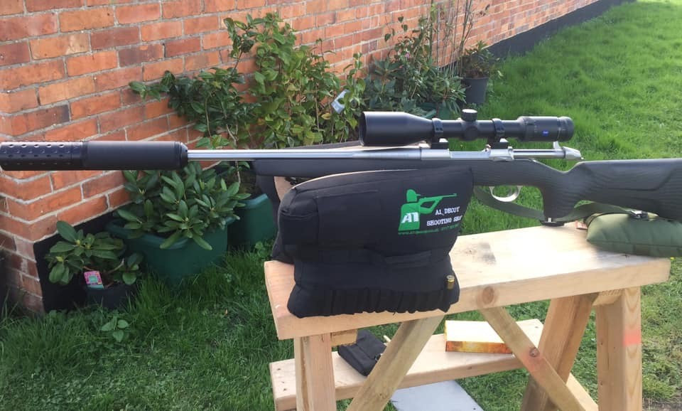 A1 Mega Rifle Rest Bag by Monica, padded shooting rest with adjustable straps for stability and support during firearm aiming.