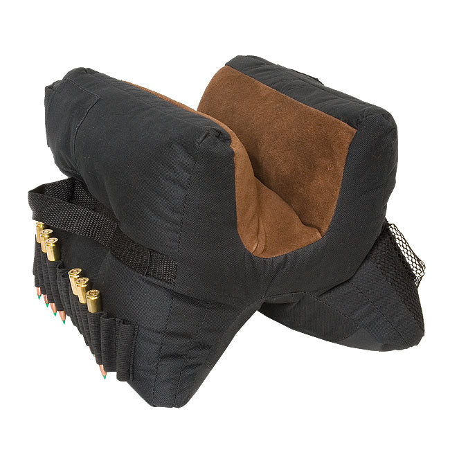 A1 Mega Rifle Rest Bag by Monica, black padded shooting rest with adjustable straps for stabilizing rifles during target practice.