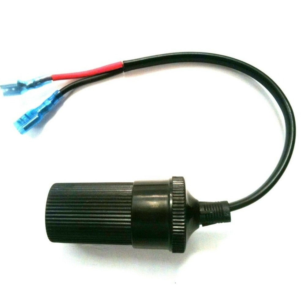 12V battery adapter with spade connector by Monica, featuring a durable, easy-to-connect design for automotive or electronic use.