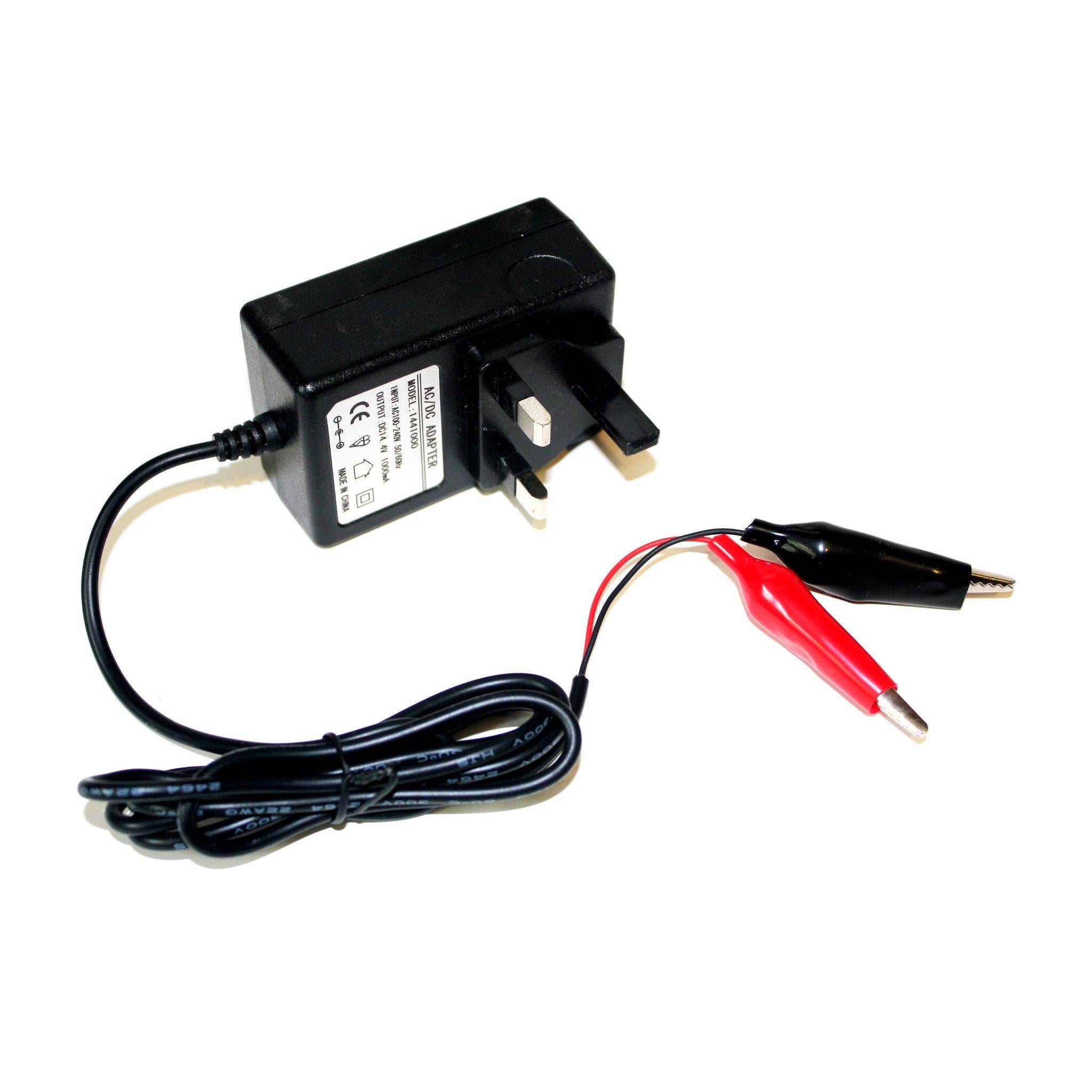 MONICA 12V mains battery charger with crocodile clip for car batteries, suitable for automotive and deep-cycle batteries.