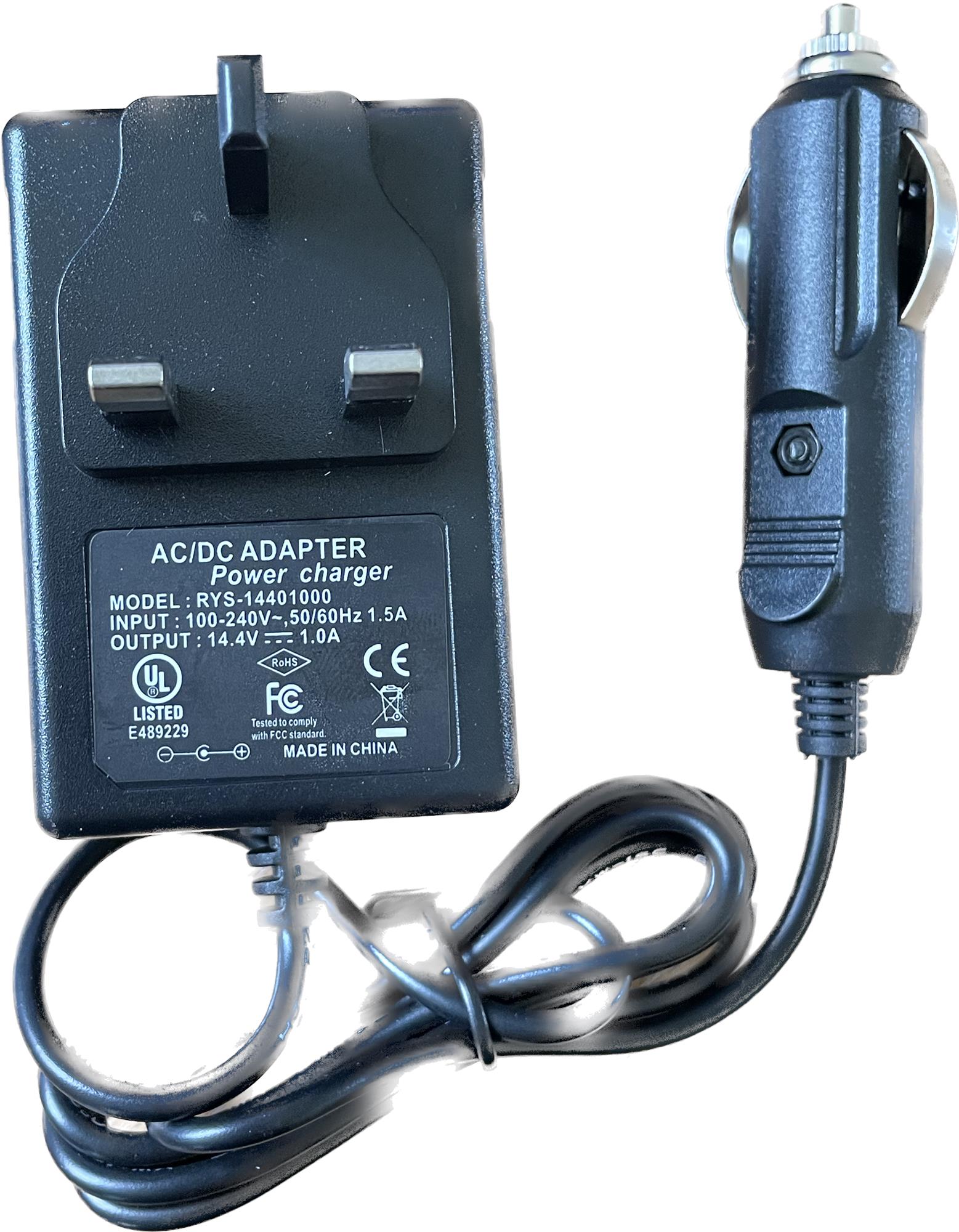 MONICA 12V battery charger with car plug, compact device for charging vehicle batteries, shown with power cord and car plug connection.