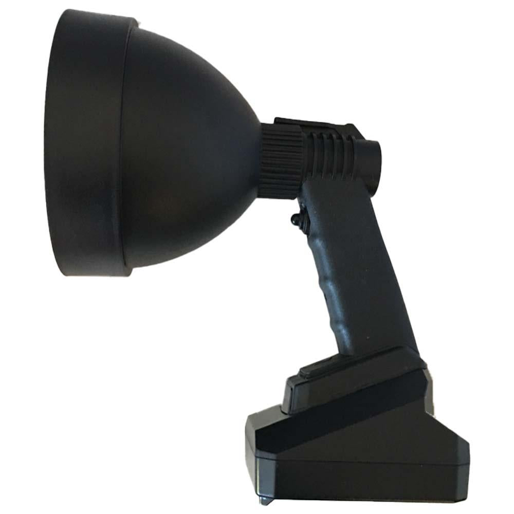 Rechargeable 150mm hunting lamp with red filter by Monica, featuring a compact design and adjustable red light filter.
