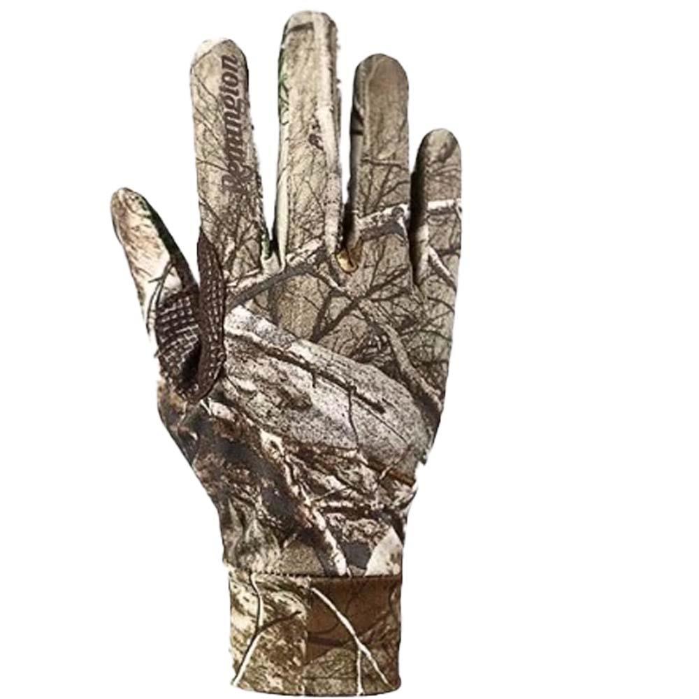 Monica Realtree camo shooting gloves with reinforced palms and adjustable wrist straps for outdoor hunting and shooting activities.