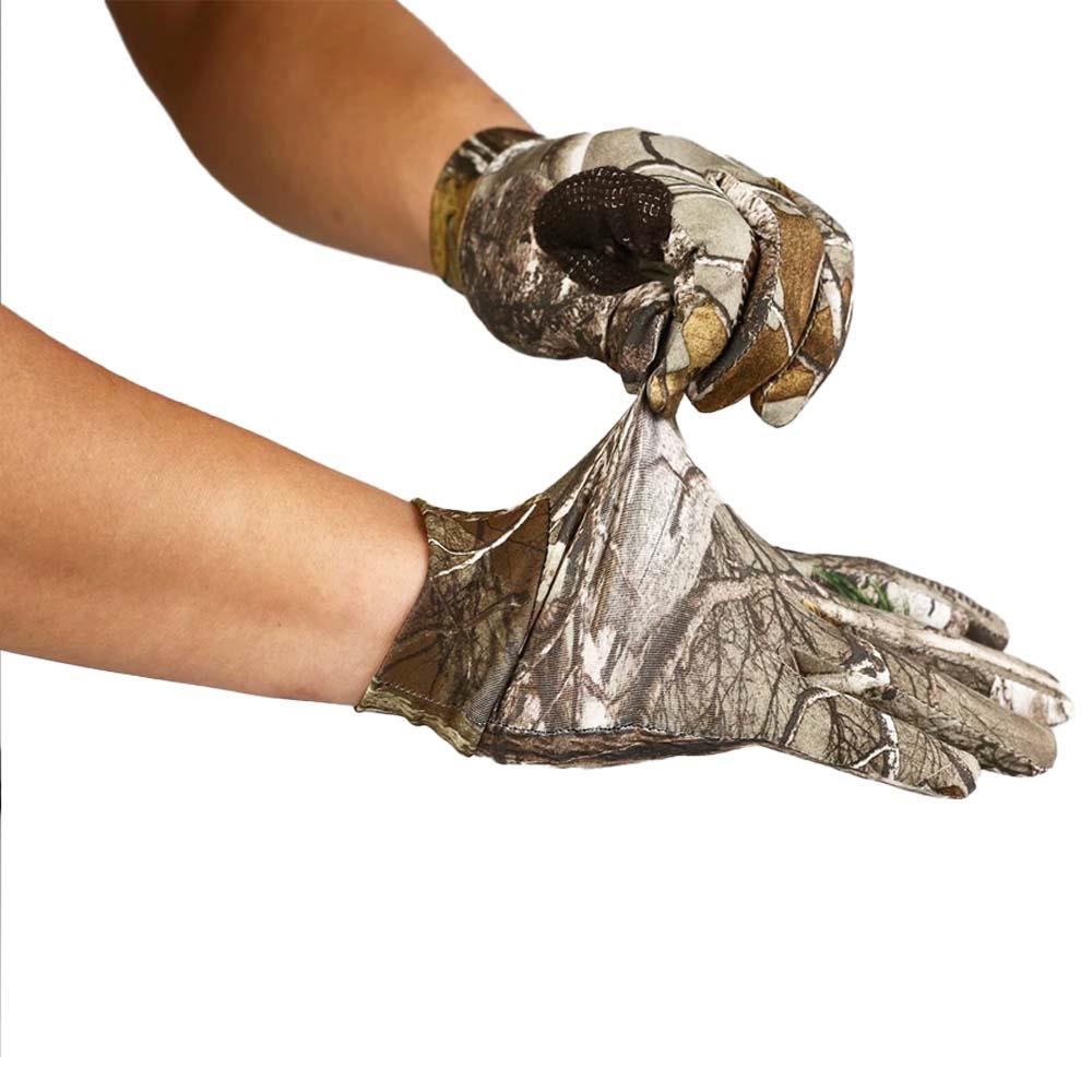 Monica Realtree camo shooting gloves with reinforced palms and finger tips, designed for outdoor hunting and shooting activities.