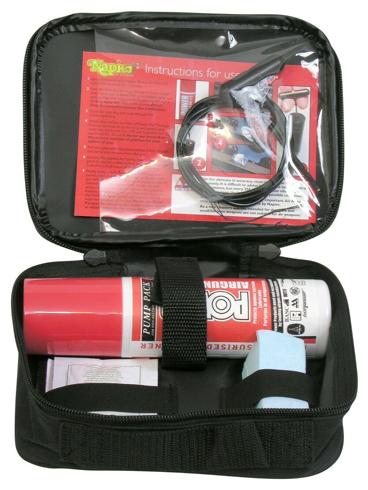 Napier Air Gun Pull-Through Cleaning Kit with brushes and tools for firearm cleaning and maintenance.