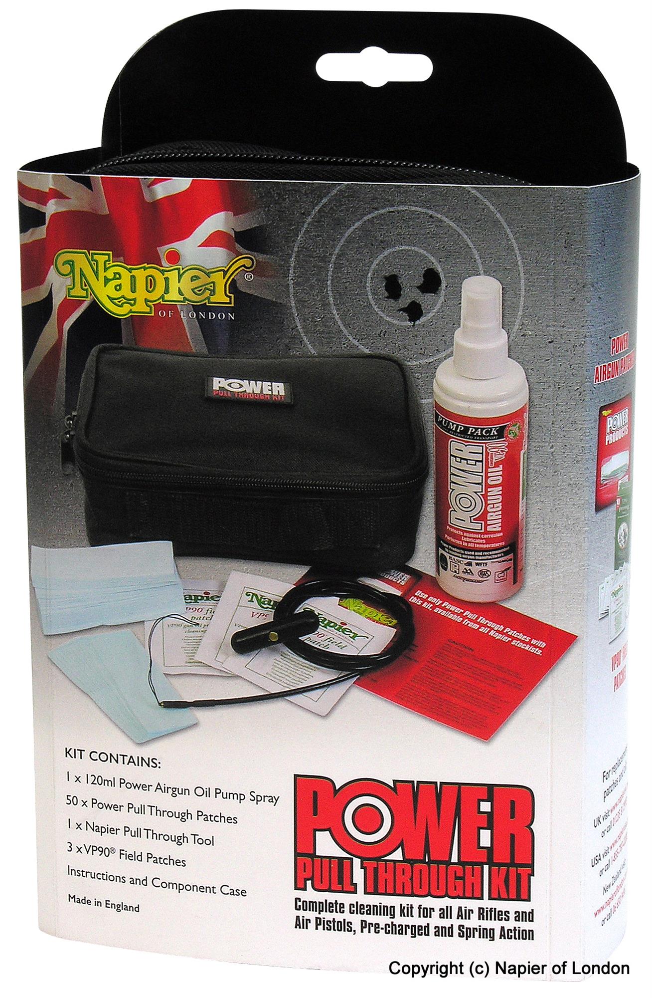 Napier Air Gun Pull Through Cleaning Kit with brushes and tools for firearm cleaning and maintenance.
