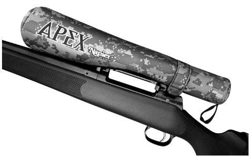 Napier Apex rifle scope cover in black, designed to protect firearm optics from dust and damage.