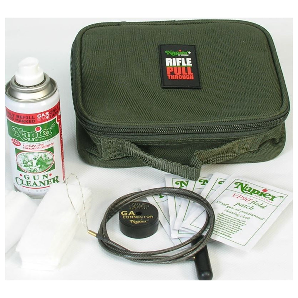 NAPIER Universal Rifle Pull Through Kit for cleaning rifles with brushes and cords, displayed on a neutral background.