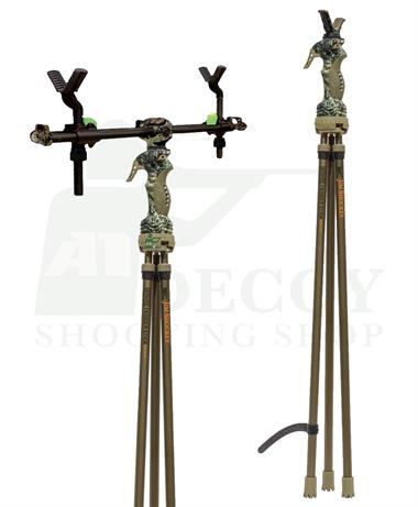 Primos Gen 3 Trigger Stick tripod and Trigger 2-Point bi-pod for hunting, mounted on a rifle in outdoor setting