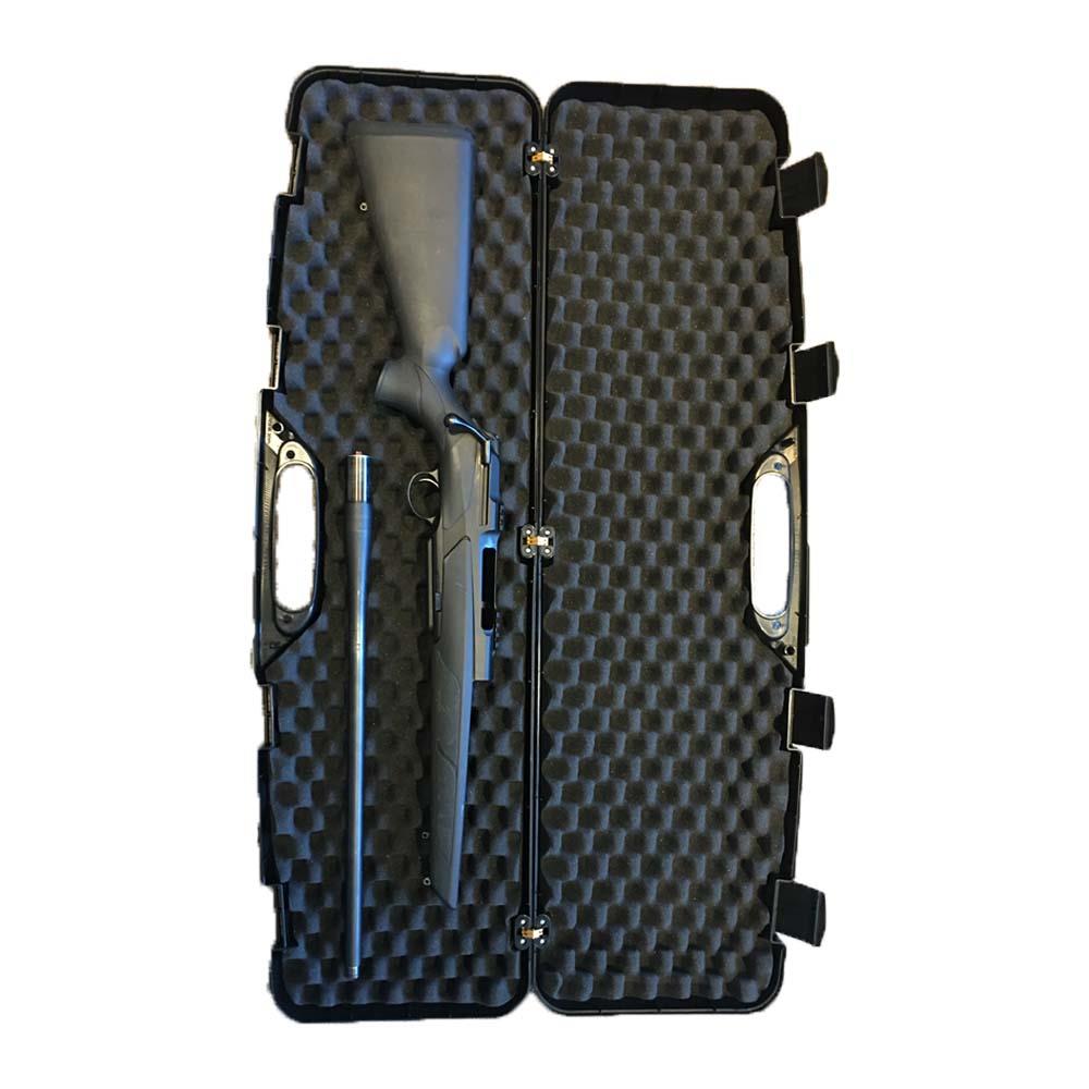 Range shotgun and breakdown rifle hard case showing durable exterior with handle and secure latches for firearm protection