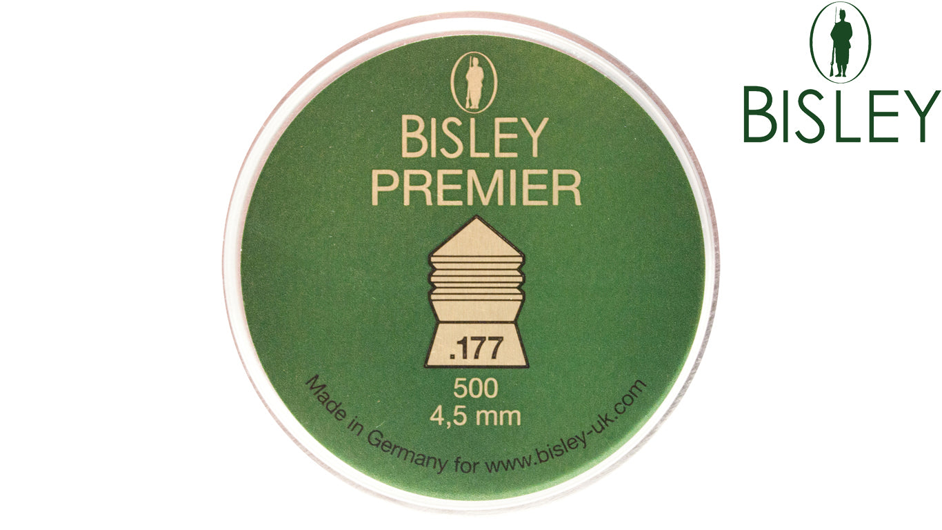 Rothery Bisley pellets for air rifles, 0.22 caliber, shown in a container with pellet details on the packaging.